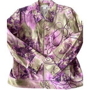 St John Sport Marie Gray Floral Jacket XL Purple Green Zip Cotton